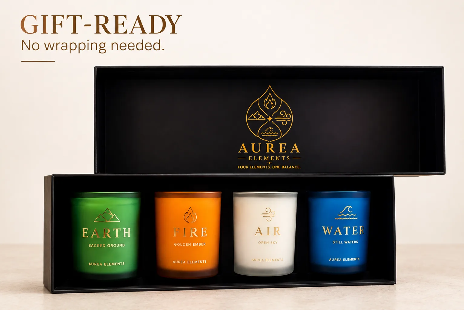 AUREA ELEMENTS — matte black gift box with gold foil crest