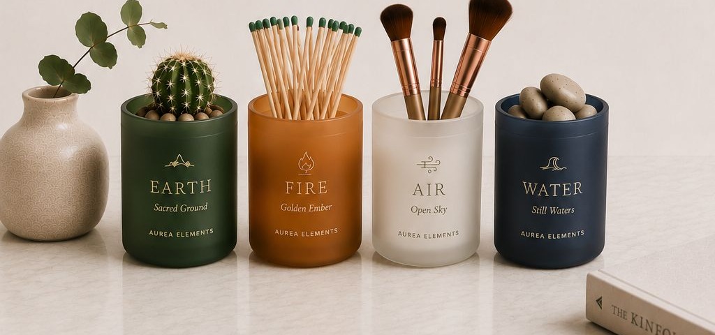 AUREA ELEMENTS — vessels reused as a planter, match holder, brush holder and catch-all